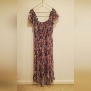 (Versona) Women Tie Dye Shirred Purple Short Ruffle Sleeve,Square Neck,Size L,